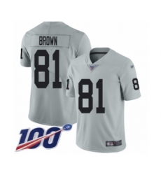 Men's Oakland Raiders #81 Tim Brown Limited Silver Inverted Legend 100th Season Football Jersey