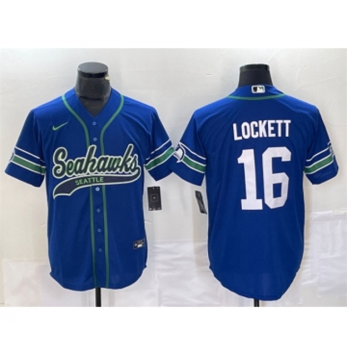 Men's Seattle Seahawks #16 Tyler Lockett Royal Throwback Cool Base Stitched Baseball Jersey
