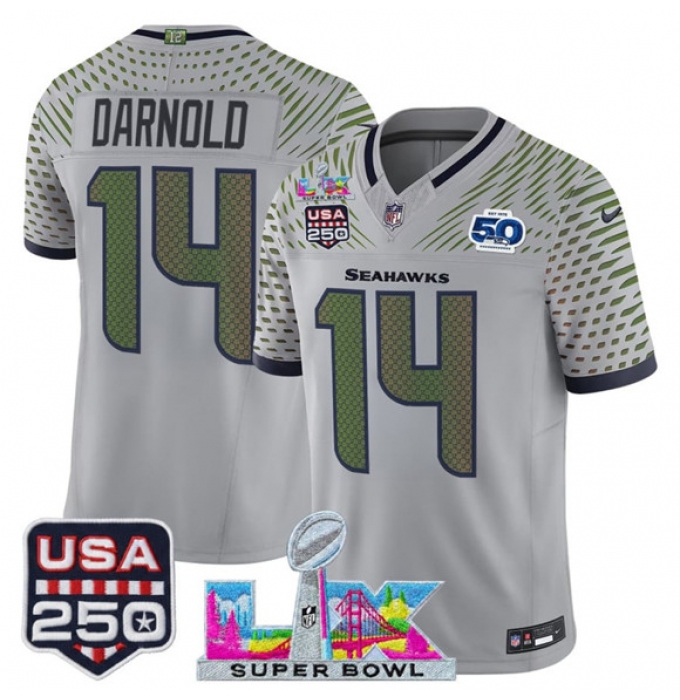 Men's Seattle Seahawks #14 Sam Darnold Gray 2025 F.U.S.E. Super Bowl LX & US 250th anniversary And 50th Season“Rivalries” Vapor Limited Football Stitched J