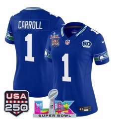 Women's Seattle Seahawks #1 Pete Carroll Royal 2025 F.U.S.E. Super Bowl LX And 50th Season & USA 250 Vapor Throwback Limited Stitched Football Jersey