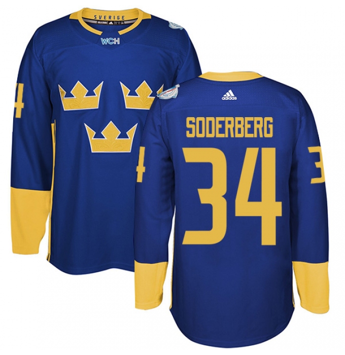 Men's Adidas Team Sweden #34 Carl Soderberg Premier Royal Blue Away 2016 World Cup of Hockey Jersey