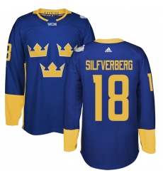 Men's Adidas Team Sweden #18 Jakob Silfverberg Authentic Royal Blue Away 2016 World Cup of Hockey Jersey