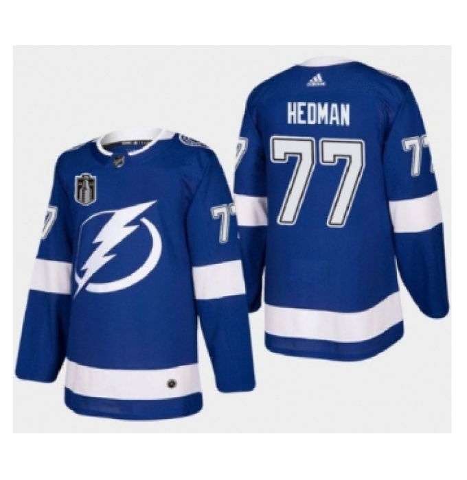 Men's Tampa Bay Lightning #77 Victor Hedman 2022 Blue Stanley Cup Final Patch Stitched Jersey