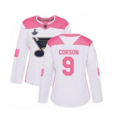 Women's St. Louis Blues #9 Shayne Corson Authentic White Pink Fashion 2019 Stanley Cup Champions Hockey Jersey