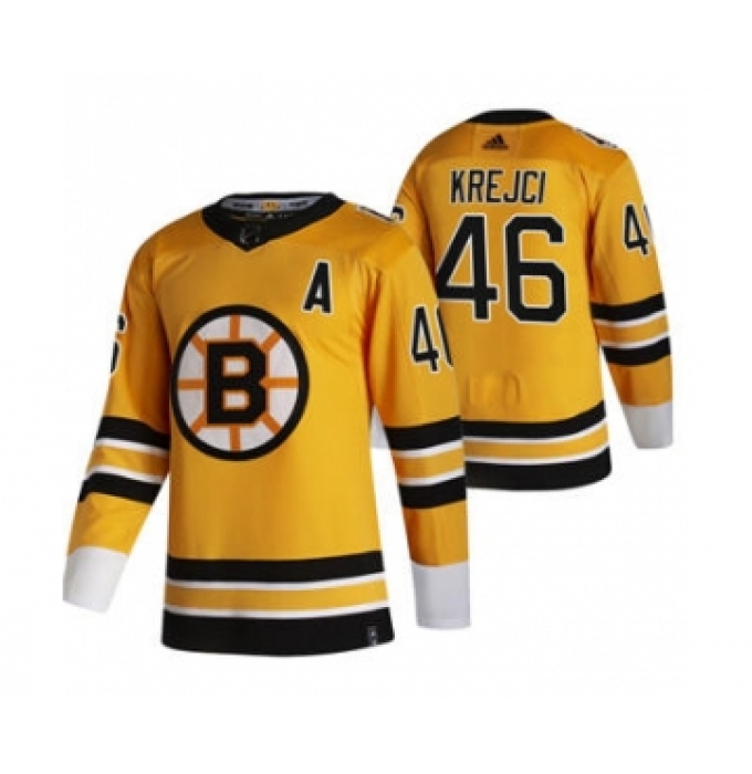 Men's Boston Bruins #46 David Krejci Yellow 2020-21 Reverse Retro Alternate Hockey Jersey