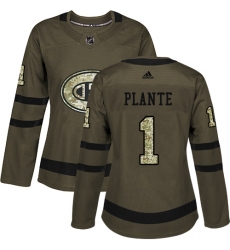 Women's Adidas Montreal Canadiens #1 Jacques Plante Authentic Green Salute to Service NHL Jersey