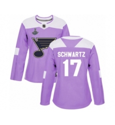Women's St. Louis Blues #17 Jaden Schwartz Authentic Purple Fights Cancer Practice 2019 Stanley Cup Champions Hockey Jersey
