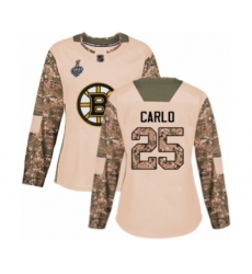 Women's Boston Bruins #25 Brandon Carlo Authentic Camo Veterans Day Practice 2019 Stanley Cup Final Bound Hockey Jersey