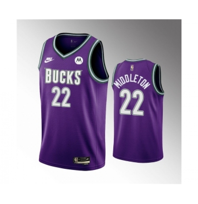 Men's Milwaukee Bucks #22 Khris Middleton 2022-23 Purple Classic Edition Swingman Stitched Basketball Jersey