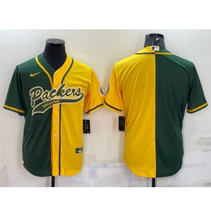 Men's Green Bay Packers Blank Green Yellow Split With Patch Cool Base Stitched Baseball Jersey