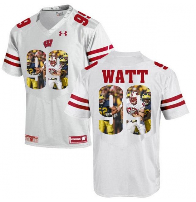 Wisconsin Badgers #99 J.J. Watt White With Portrait Print College Football Jersey-1