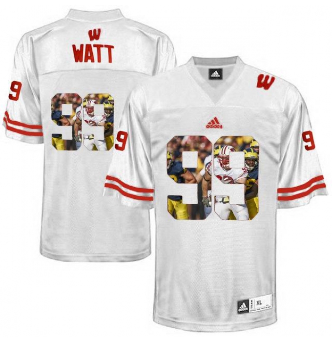 Wisconsin Badgers #99 J.J. Watt White With Portrait Print College Football Jersey2