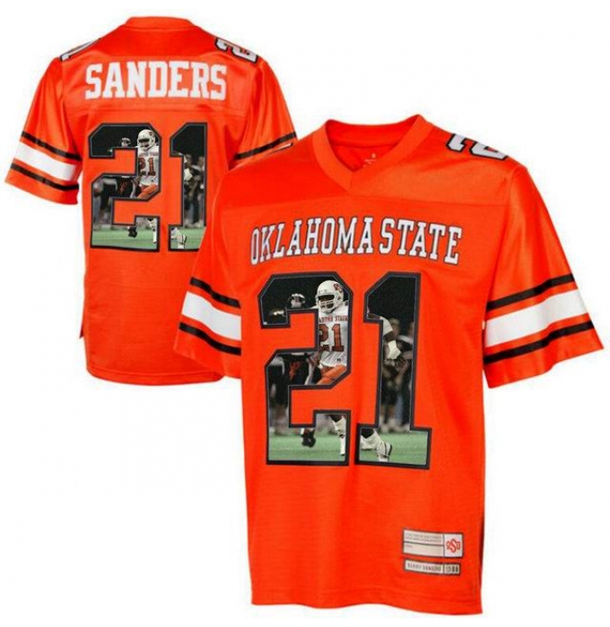 Oklahoma State Cowboys #21 Barry Sanders Orange With Portrait Print College Football Jersey