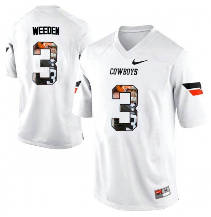 Oklahoma State Cowboys #3 Brandon Weeden White With Portrait Print College Football Jersey