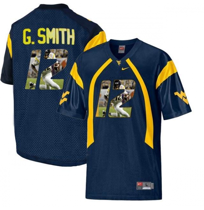 West Virginia Mountaineers #12 Geno Smith Navy With Portrait Print College Football Jersey