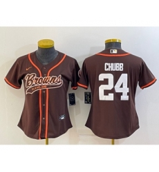 Women's Cleveland Browns #24 Nick Chubb Brown With Patch Cool Base Stitched Baseball Jersey