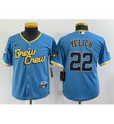 Youth Milwaukee Brewers #22 Christian Yelich Blue 2022 City Connect Cool Base Stitched Jersey