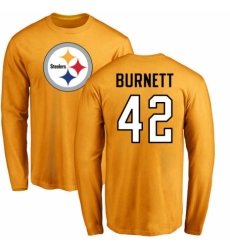 Nike Pittsburgh Steelers #42 Morgan Burnett Gold Name & Number Logo Long Sleeve T-Shirt