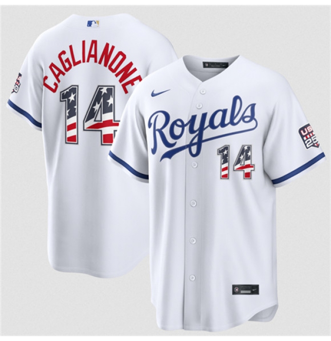 Men's Kansas City Royals #14 Jac Caglianone White USA 250 Fourth of July Stitched Baseball Jersey