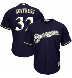 Youth Majestic Milwaukee Brewers #32 Jeremy Jeffress Authentic Navy Blue Alternate Cool Base MLB Jersey