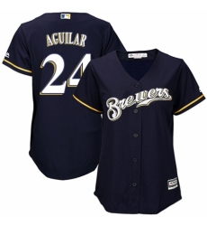 Women's Majestic Milwaukee Brewers #24 Jesus Aguilar Authentic Navy Blue Alternate Cool Base MLB Jersey