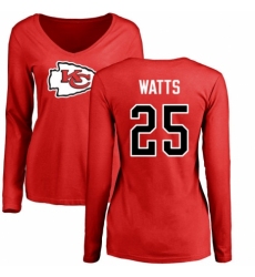 NFL Women's Nike Kansas City Chiefs #25 Armani Watts Red Name & Number Logo Slim Fit Long Sleeve T-Shirt