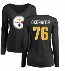 Women's Nike Pittsburgh Steelers #76 Chukwuma Okorafor Black Name & Number Logo Slim Fit Long Sleeve T-Shirt