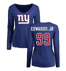 NFL Women's Nike New York Giants #99 Mario Edwards Jr Royal Blue Name & Number Logo Long Sleeve T-Shirt