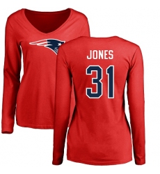 NFL Women's Nike New England Patriots #31 Jonathan Jones Red Name & Number Logo Slim Fit Long Sleeve T-Shirt