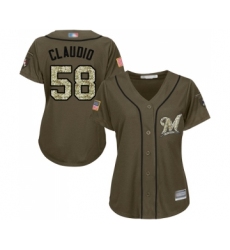 Women's Milwaukee Brewers #58 Alex Claudio Authentic Green Salute to Service Baseball Jersey