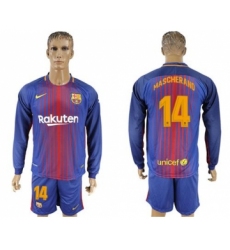 Barcelona #14 Mascherano Home Long Sleeves Soccer Club Jersey
