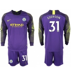 Manchester City #31 Ederson Purple Goalkeeper Long Sleeves Soccer Club Jersey
