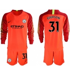 Manchester City #31 Ederson Red Goalkeeper Long Sleeves Soccer Club Jersey