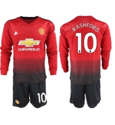 Manchester United #10 Rashford Red Home Long Sleeves Soccer Club Jersey