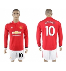 Manchester United #10 Rooney Red Home Long Sleeves Soccer Club Jersey