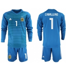 Argentina #1 Caballero Blue Long Sleeves Goalkeeper Soccer Country Jersey