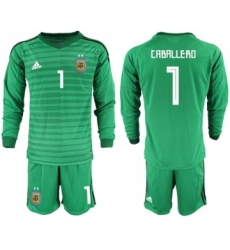 Argentina #1 Caballero Green Long Sleeves Goalkeeper Soccer Country Jersey
