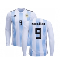 Argentina #9 Kun Aguero Home Long Sleeves Soccer Country Jersey