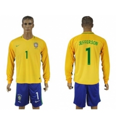 Brazil #1 Jefferson Home Long Sleeves Soccer Country Jersey
