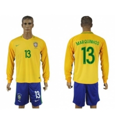 Brazil #13 Marquinhos Home Long Sleeves Soccer Country Jersey
