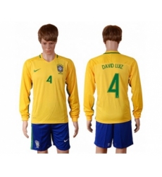 Brazil #4 David Luiz Home Long Sleeves Soccer Country Jersey