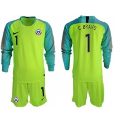 Chile #1 C.Bravo Shiny Green Goalkeeper Long Sleeves Soccer Country Jersey