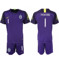England #1 Pickford Purple Goalkeeper Soccer Country Jersey