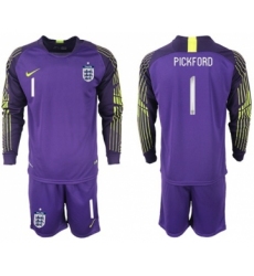England #1 Pickford Purple Long Sleeves Goalkeeper Soccer Country Jersey