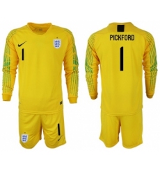 England #1 Pickford Yellow Long Sleeves Goalkeeper Soccer Country Jersey