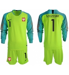 Poland #1 Szczesny Shiny Green Goalkeeper Long Sleeves Soccer Country Jersey