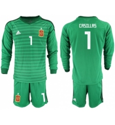 Spain #1 Casillas Green Long Sleeves Goalkeeper Soccer Country Jersey