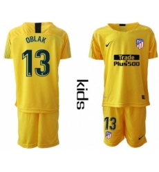 Atletico Madrid #13 Oblak Yellow Goalkeeper Kid Soccer Club Jersey