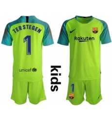 Barcelona #1 Ter Stegen Shiny Green Goalkeeper Kid Soccer Club Jersey