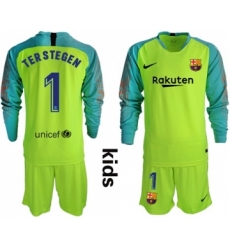 Barcelona #1 Ter Stegen Shiny Green Goalkeeper Long Sleeves Kid Soccer Club Jersey